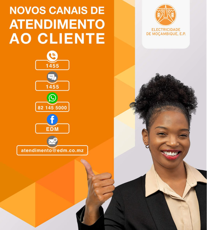 Novos canais de atendimento ao cliente da EDM: 1455, WhatsApp 82 145 5000 e atendimento@edm.co.mz